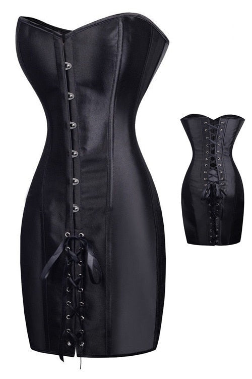 Long Waist Black Faux Leather Corset Dress