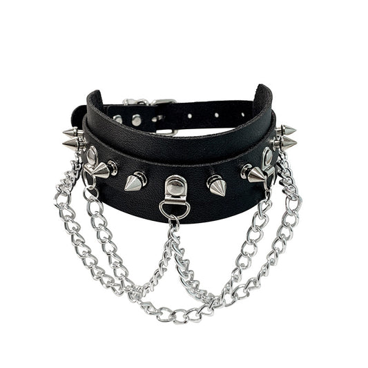 Leather Collar with Studs and Chains