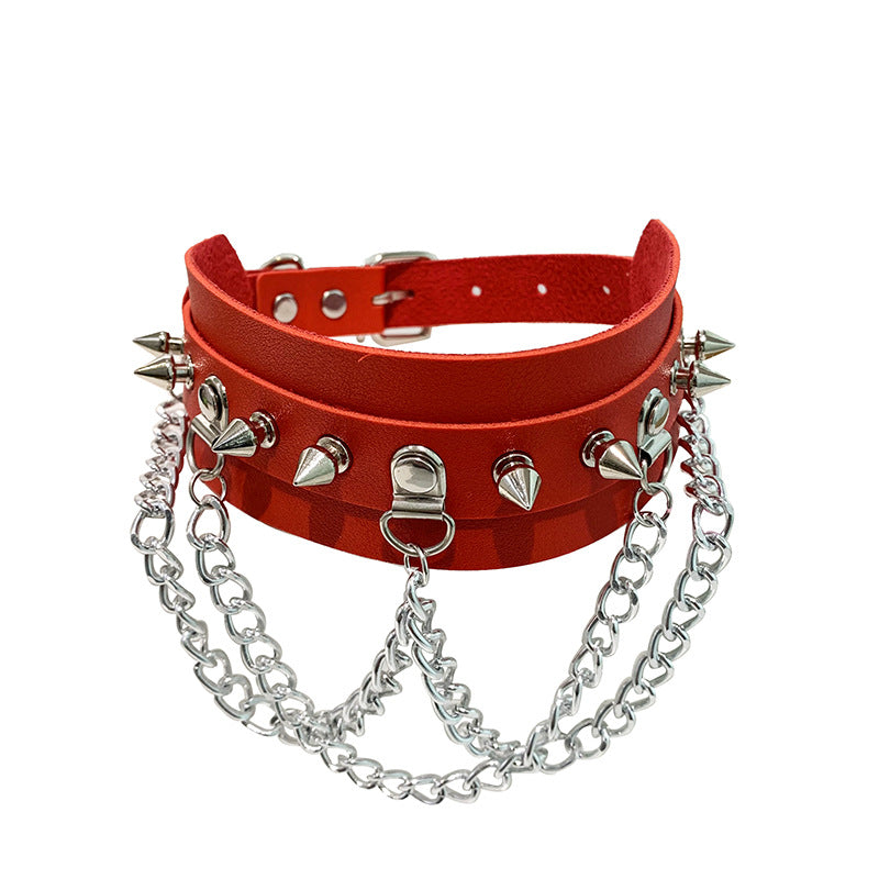 Leather Collar with Studs and Chains